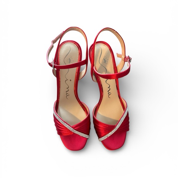 Nina Shoes - Nina Red Satin Heels with Rhinestone Detail